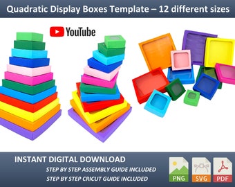 Modello di scatole di visualizzazione quadratiche / quadrate 12 diverse dimensioni in un unico file, SVG, PDF e PNG, scatola semplice per archiviazione / imballaggio, cookie, gioielli