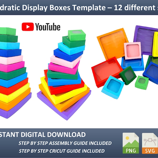 Quadratic/Squared Display Boxes Template 12 different sizes in one file, SVG, PDF and PNG, simple box for storage/packaging, cookie, jewelry