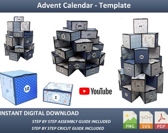 Modello di calendario dell'Avvento, SVG, PDF e PNG, albero di Natale, cubi per tutte le feste, fai da te. Countdown Box, per regali per bambini, cioccolata, caramelle