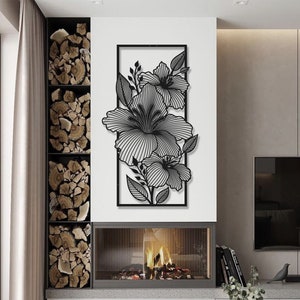 Long Flowers Metal Wall Art, Extra Large Vertical Black Metal Wall Decor, Floral Wall Decor For Living Room