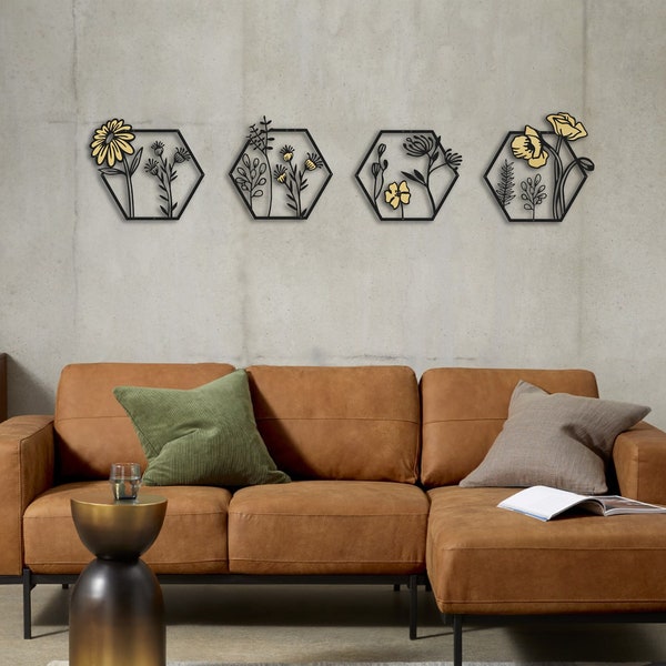 Arte da parete con fiori in metallo, decorazione da parete verticale in metallo, arte da parete con fiore orizzontale in metallo, arazzi floreali in metallo, decorazione da parete in metallo dorato