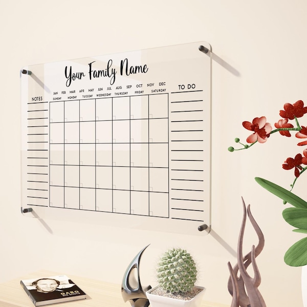 Dry Erase Acrylic Monthly Wall Calendar - Glass Family Planner, Personalized Whiteboard To-Do List, Erasable Wall Organizer