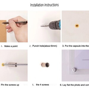 May include: Instructions for installing a picture frame with a hidden screw system. The steps include making a mark, drilling a hole, inserting a capsule, screwing in the screws, and finally placing the picture frame.