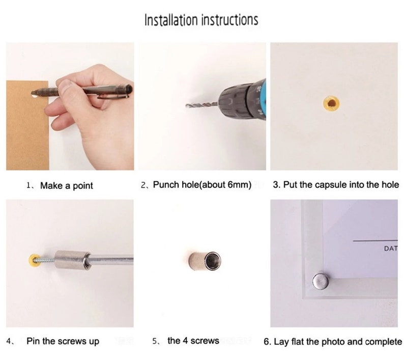 May include: Instructions for installing a picture frame with a hidden screw system. The steps include making a mark, drilling a hole, inserting a capsule, screwing in the screws, and finally placing the picture frame.