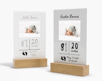Personalized Baby Announcement Board Acrylic, Birth Stats Sign, Baby Shower Gift, Newborn Board With Photo, Nursery Decor, Baby Foot Print