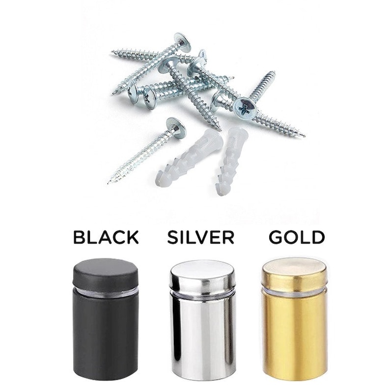 May include: Three round acrylic display stands in black, silver, and gold. Each stand has a clear plastic insert and comes with screws and wall anchors.
