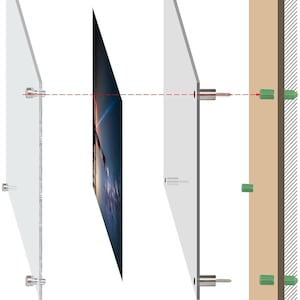 May include: Diagram showing how to hang a picture using clear acrylic mounting hardware. The hardware includes two clear acrylic plates with screw holes and two screws. The screws are attached to the wall with green plastic anchors. The picture is shown hanging between the two plates.
