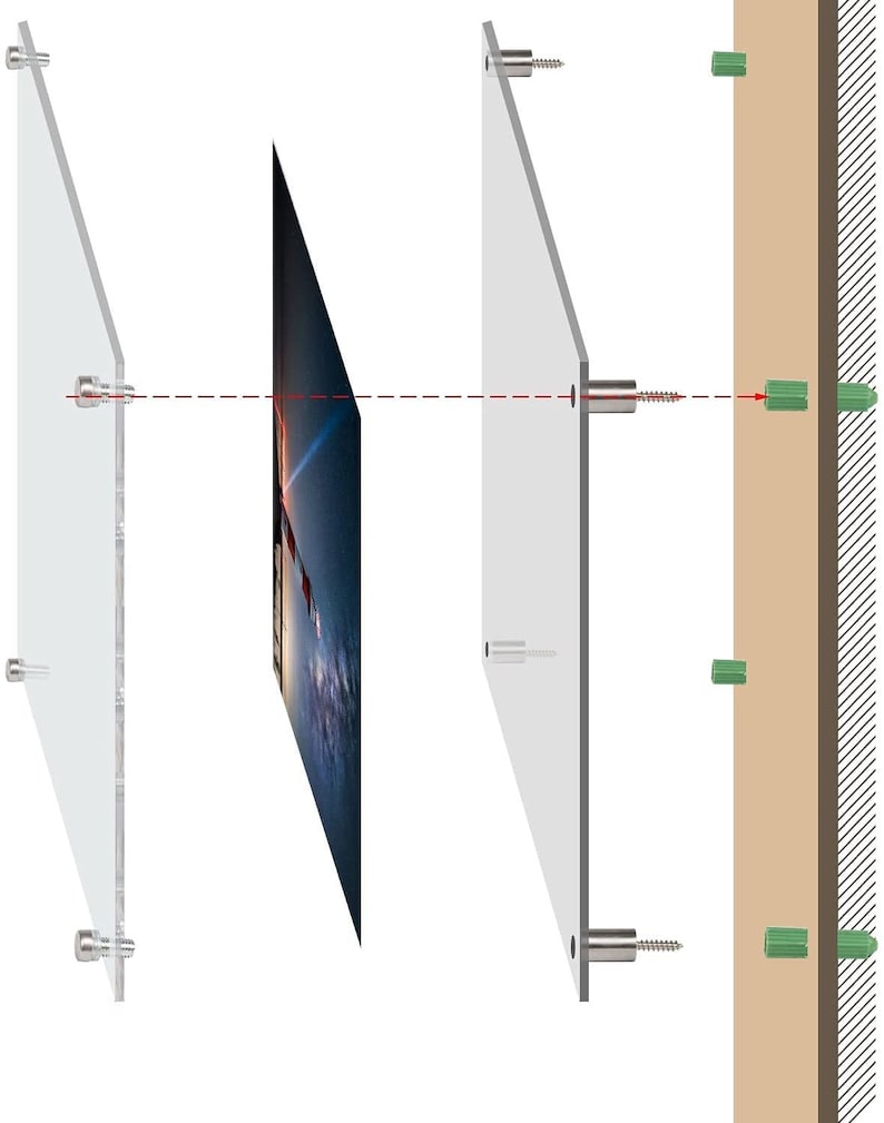 May include: Diagram showing how to hang a picture using clear acrylic mounting hardware. The hardware includes two clear acrylic plates with screw holes and two screws. The screws are attached to the wall with green plastic anchors. The picture is shown hanging between the two plates.