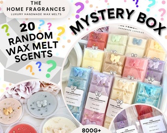 Mystery Wax Melt Gift Set - 20 Random Scents | Highly Scented Handmade Soy Waxmelts | Pretty Snap Bars, Pots & Shape Melts Bundle Box