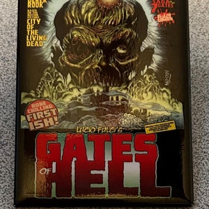 May include: A comic book cover featuring a green and brown zombie-like creature with a large head and a city in the background. The title of the comic is "Lucio Fulci's Gates of Hell" and the text "The Saga of the 7 Gates" is in the upper right corner. The text "Bone Chilling First Ish!" is in a red circle in the lower left corner.