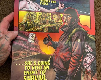 May include: A comic book-style poster with a horror theme. The artwork features a woman, zombies, and a man holding a bloody knife. Text includes "ON THE HIGHWAY TO HELL," "SHE'S GOING TO NEED AN ENEMY TO SURVIVE," and names of the film's creators and star.