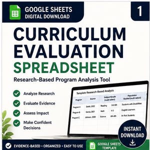 May include: A digital Google Sheets curriculum evaluation spreadsheet for research-based program analysis. The interface displays a template with columns for program, source, subject, grade, and population studied, alongside a list of key features.