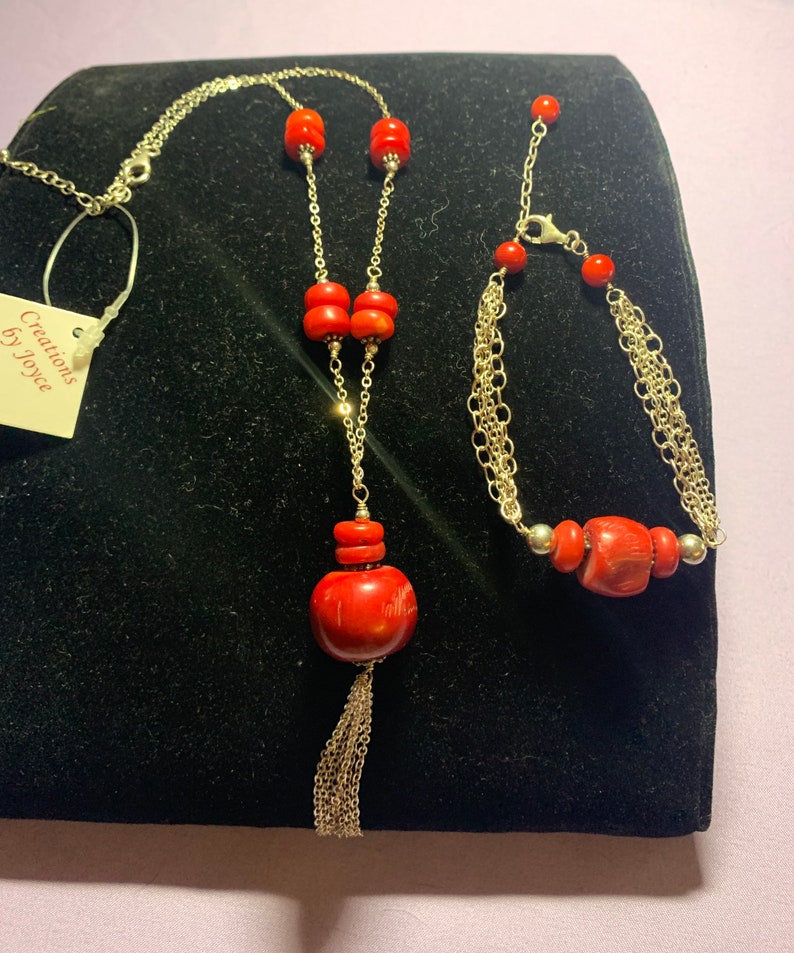 Sterling silver chain with red shops coral necklace with bracelet