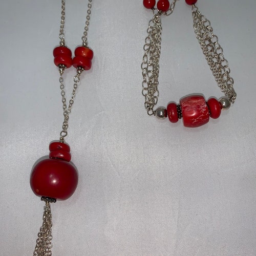 Red coral necklace for man with Hematite and pure silver nuggets