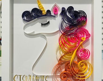 Personalized Unicorn Quilling Wall Decor - Handmade Framed Paper Art