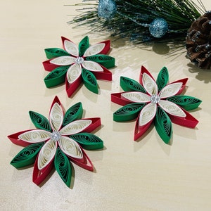 Quilled Poinsettia Christmas Ornaments Gift For Mom, Dad Tree Decoration-Quilling Art Set of 2 ornaments. image 1