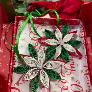 Quilled Poinsettia Christmas Ornaments Gift For Mom, Dad Tree Decoration-Quilling Art Set of 2 ornaments. image 2