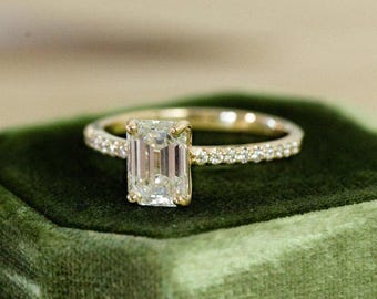 Emerald Cut Moissanite Engagement Ring: Sterling Silver Half Eternity Band