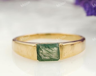 Natural Green Moss Agate Ring, Men's Ring, Men's agate Wedding Band, Baguette Cut Green Agate Band, Handmade Ring, Wedding Ring, Gift Him