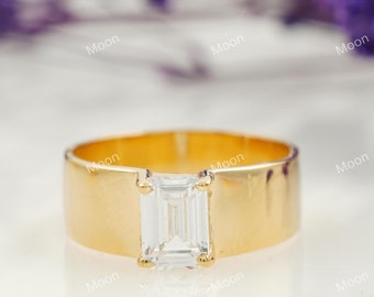 Emerald Cut Moissanite Ring: Sterling Silver Wide Band