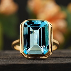 Bezel Set London Blue Topaz Ring Emerald Cut Large Topaz Engagement Ring Women 14K Solid Gold November Birthstone Topaz Ring Solitaire Ring