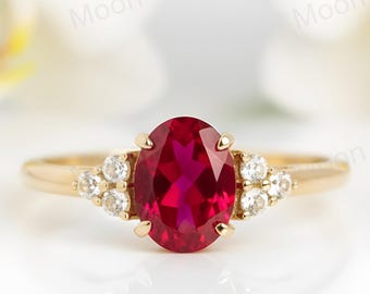 14k Solid Gold Ruby Engagement Ring Oval Cut Ruby Promise Ring CZ Diamond Ruby Ring July Birthstone Ring 18k Lab Ruby Jewelry Gift For Lover
