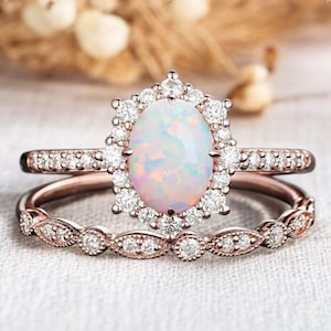 Oval Opal Ring, Opal Engagement Ring Set, Opal Wedding Set, 2 Pcs Opal Ring, White Fire Opal Ring, Promise Ring, Sterling Silver Ring Set