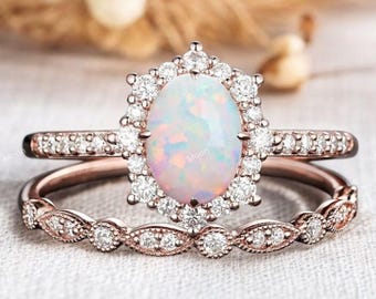 Oval Opal Engagement Ring Set: Sterling Silver Promise Ring