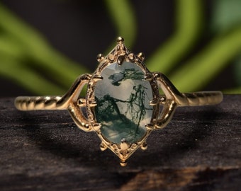 Natürliche grüne Moos Achat Verlobungsring, 14K Rose Gold Achat Versprechen Ring, Twist Bandring, Oval geschnitten grüner Edelstein Ring, Moos Achat Ring