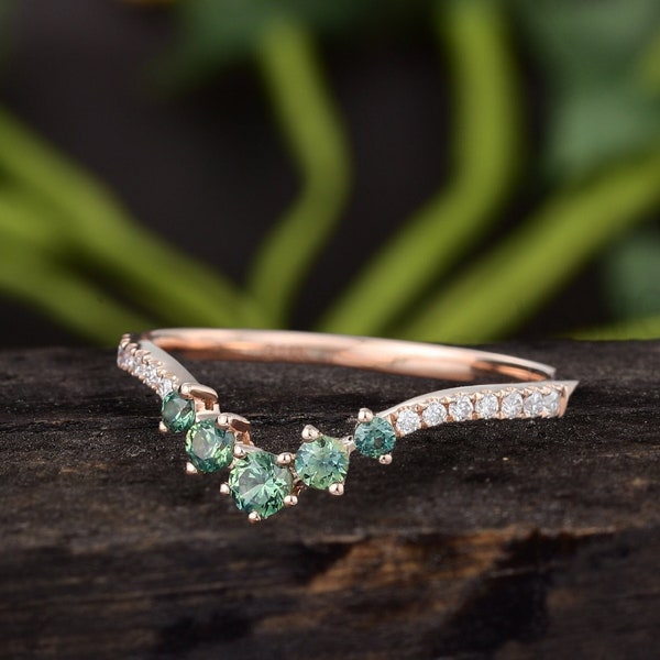 Vintage Teal Sapphire Wedding Band Rose Gold Curved Wedding Band Unique Moissanite Wedding Band Bridal Matching Stacking Band Promise Gift