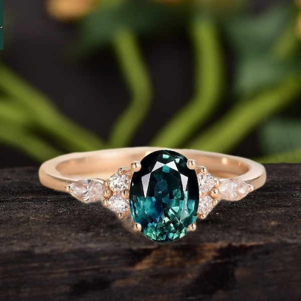 Peacock Sapphire engagement ring vintage Oval cut blue-green sapphire rose gold teal sapphire diamond cluster ring moissanite Anniversary