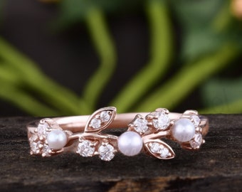 Vintage Pearl Engagement Ring Rose Gold Rings Leaf Moissanite Wedding Ring Art Deco Leaf Floral Ring Promise Rings for women Leaf Ring Band