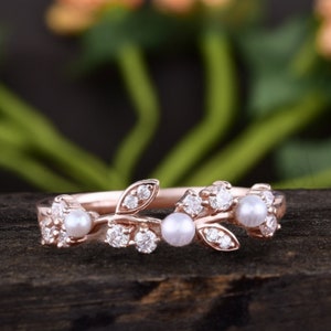 Vintage Pearl Engagement Ring Rose Gold Rings Leaf Moissanite Wedding Ring Art Deco Leaf Floral Ring Promise Rings for women Leaf Ring Band