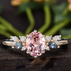 Oval Cut Peach Morganite Engagement Ring, Gold Cluster Ring, Alexandrite Opal Ring, Stacking Ring, Rose Gold Ring, 925 Silver Promise Ring