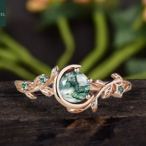 Nature Inspired Natural Moss Agate Ring Moon Star Design Vintage 1ct Round Moss Agate Engagement Ring Leaf Green Emerald Dainty Wedding Gift