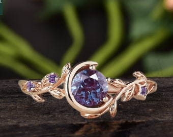 Nature Inspired Color-Change Alexandrite Engagement Ring Moon Star Design Round Alexandrite Ring Branch Leaf Amethyst Wedding Ring For Women