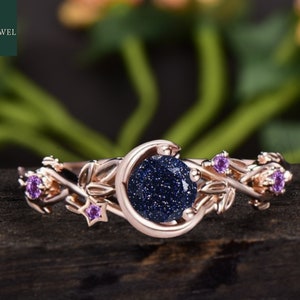 Nature Inspired Galaxy Blue Sandstone Engagement Ring Moon Star Design Round Sandstone Ring Branch Leaf Amethyst Wedding Ring For Women