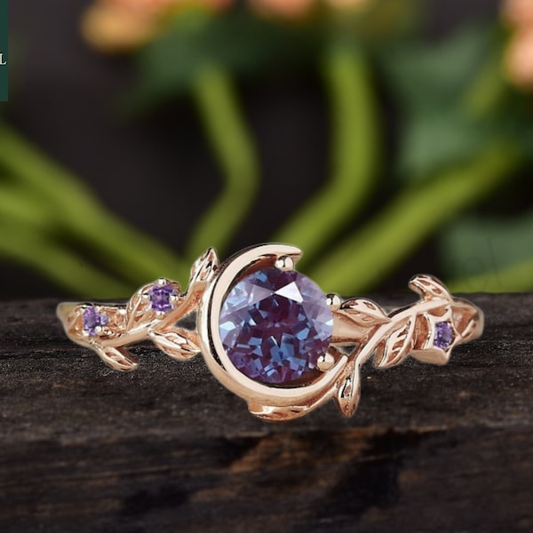 Nature Inspired Color-Change Alexandrite Engagement Ring Moon Star Design Round Alexandrite Ring Branch Leaf Amethyst Wedding Ring For Women