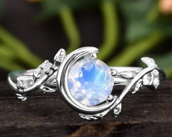 Vintage Natural Celestial Moonstone Engagement Ring 925 Sterling Silver Nature Inspired Moon Leaf Bridal Ring Gemstone Moonstone Jewelry