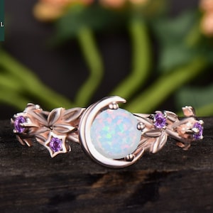 Nature Inspired Moon Star Design Opal Engagement Ring Sterling Silver Round Fire Opal Ring Branch Leaf Amethyst Wedding Ring For Women