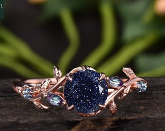 Blue Sandstone Engagement Ring: Leaf Solitaire, Alexandrite Accents