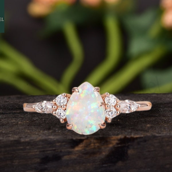 Opal engagement ring natural pear shaped opal ring Rose gold marquise diamond cluster wedding ring Unique Anniversary Promise bridal ring