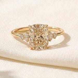 Champagne Moissanite Engagement Ring Cushion Cut Solitaire Ring in Yellow Gold, Minimalist Promise Ring for Her, Anniversary Gift for Women
