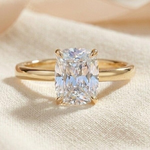 2.50ct Elongated Cushion Cut Moissanite Ring – 14K Gold Cushion Cut Solitaire Ring, Sterling Silver with Gold Vermeil Ring