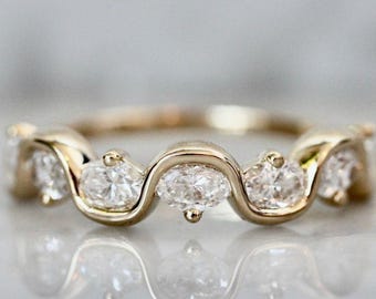 Marquise Moissanite Wedding Band: Solid Gold Wave Eternity Ring