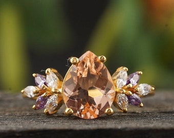 Vintage Morganite Engagement Ring Women Rose Gold Unique Pear Shaped Cluster Ring Alexandrite Wedding Ring Bridal Anniversary Ring For Her