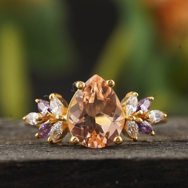 Vintage Morganite Engagement Ring Women Rose Gold Unique Pear Shaped Cluster Ring Alexandrite Wedding Ring Bridal Anniversary Ring For Her