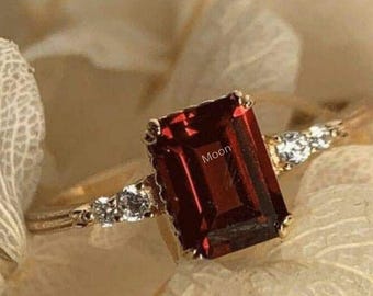 Emerald Cut Red Garnet Ring 14k Gold Garnet Engagement Ring, Solitaire Ring, Ring For Women, Art Deco Cluster Ring, January Birthstone Ring
