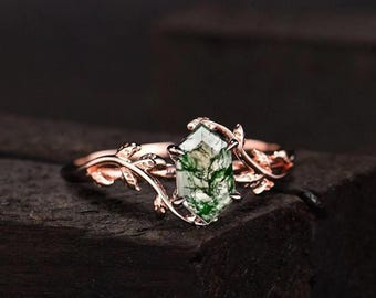 Zeshoekige ring met mosagaat: sterlingzilver met takken en blad Natuur