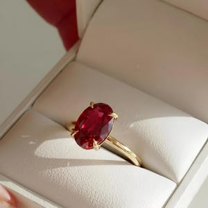 2.5CT Oval Cut Ruby Solitaire Engagement Ring, Travel Ring, 14K Yellow Gold Vermeil Ring Simulated Ruby Wedding Promise Ring, Gift For Her